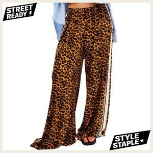 Wide Leg Velvet Pants Elastic Waist Leopard Print Casual Trousers
